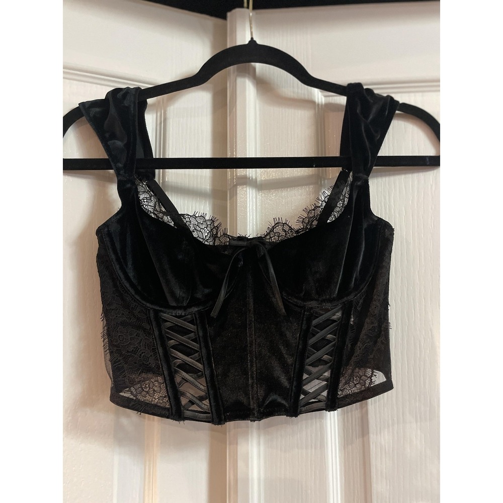 Victoria's Secret Bustier Womens S Black Velvet Lace Lattice Corset Dream Angels